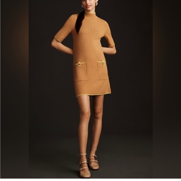 MAEVE Annelise Tan Short Sleeve Knit Sheath Dress with Lime Green Trim & pockets - Picture 1 of 9